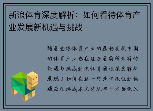 新浪体育深度解析：如何看待体育产业发展新机遇与挑战